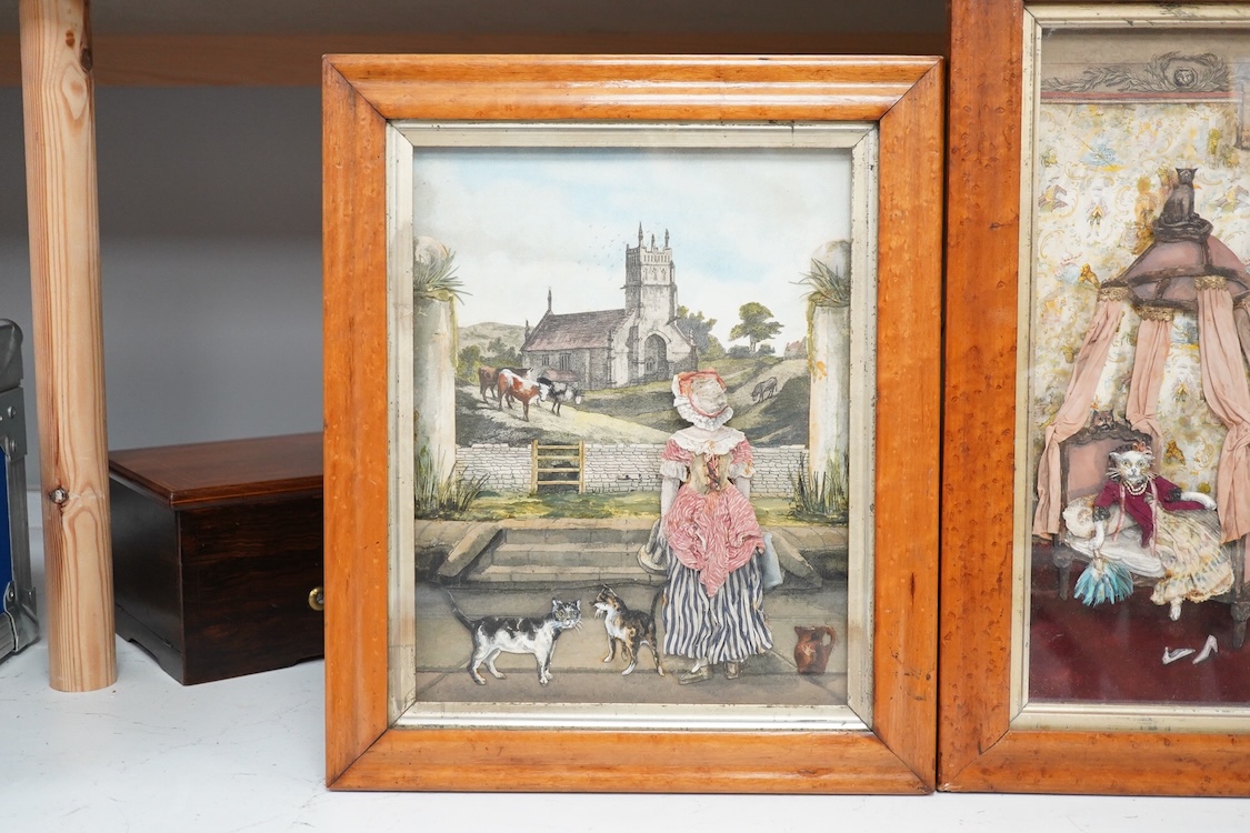 Two 18th century and later prints, watercolours and collages, Interior scene with cats and woman before a chapel, largest 35 x 30cm, maple framed